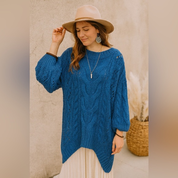Three Birds Nest GOLDEN HOUR BUBBLE SLEEVE SWEATER DRESS Blue Cable Knit - Picture 1 of 5